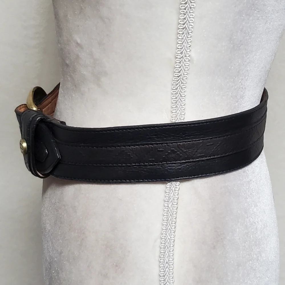 70s Vintage Land Black Copper Aztec Leather Brass Buckle Boho Statement Belt S